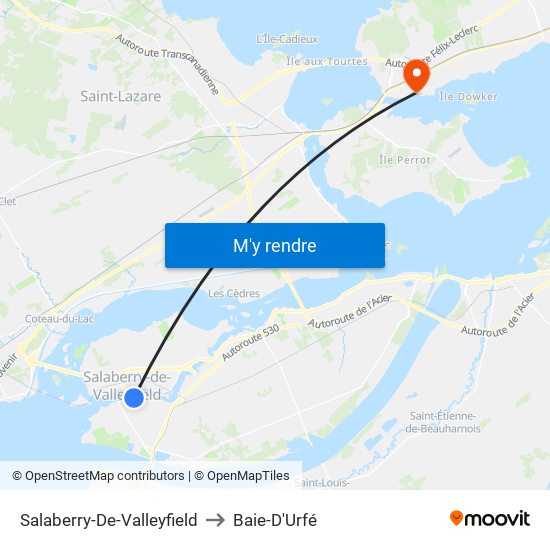 Salaberry-De-Valleyfield to Baie-D'Urfé map