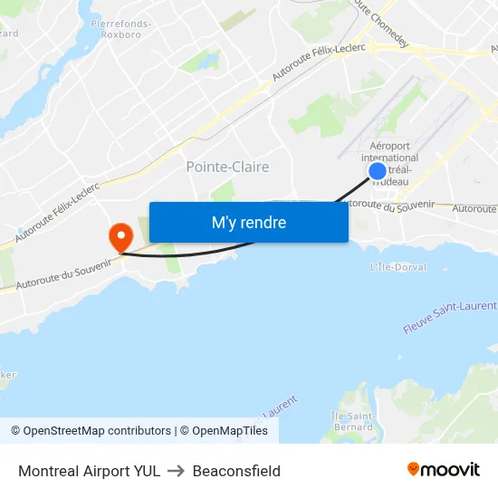 Montreal Airport YUL to Beaconsfield map