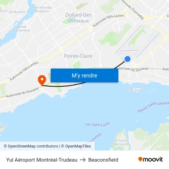 Yul Aéroport Montréal-Trudeau to Beaconsfield map