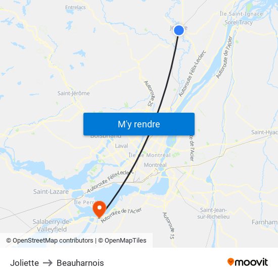 Joliette to Beauharnois map