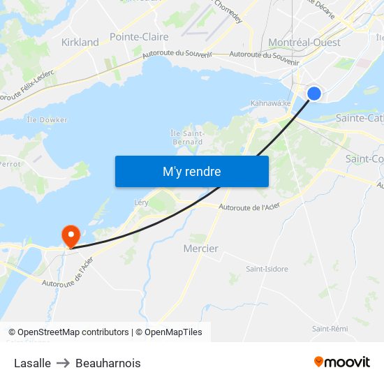 Lasalle to Beauharnois map