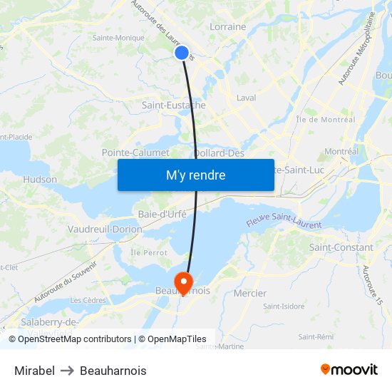 Mirabel to Beauharnois map