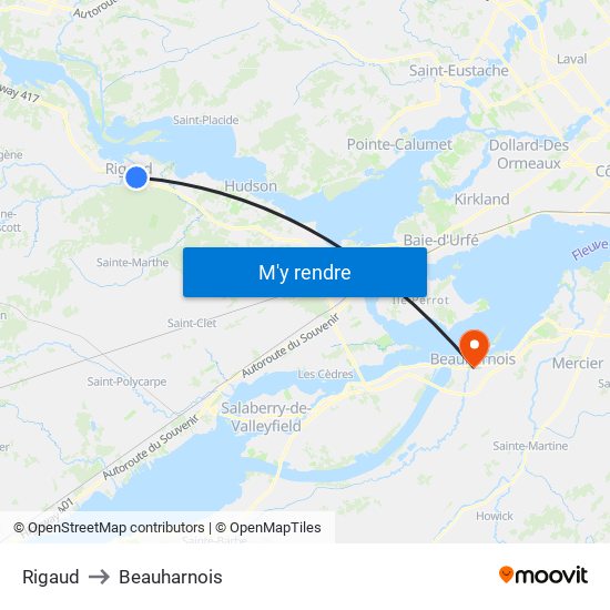 Rigaud to Beauharnois map