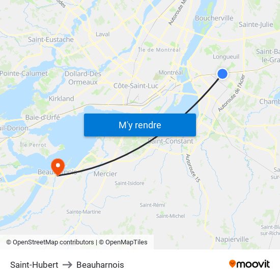 Saint-Hubert to Beauharnois map