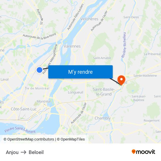Anjou to Beloeil map