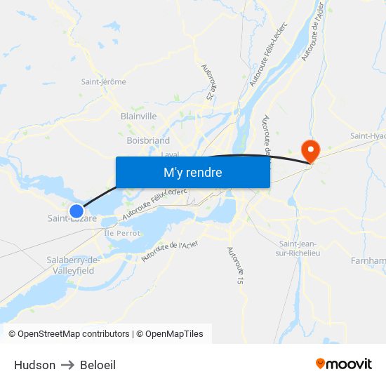 Hudson to Beloeil map