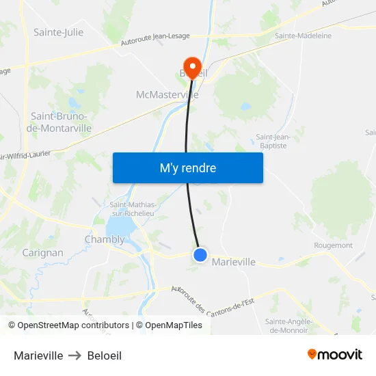 Marieville to Beloeil map