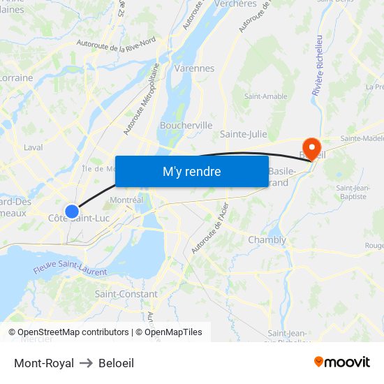 Mont-Royal to Beloeil map
