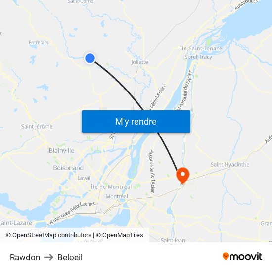 Rawdon to Beloeil map