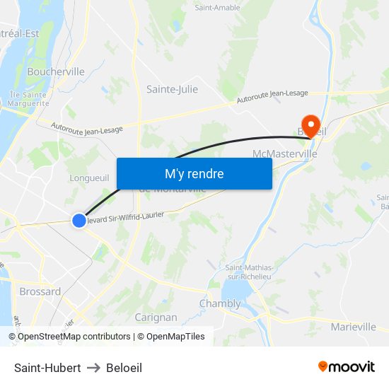 Saint-Hubert to Beloeil map