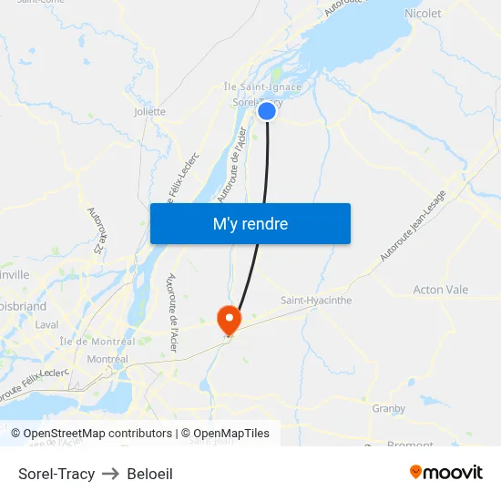 Sorel-Tracy to Beloeil map