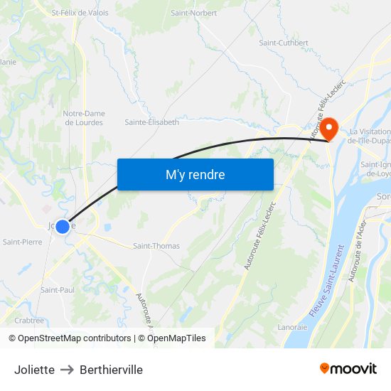 Joliette to Berthierville map