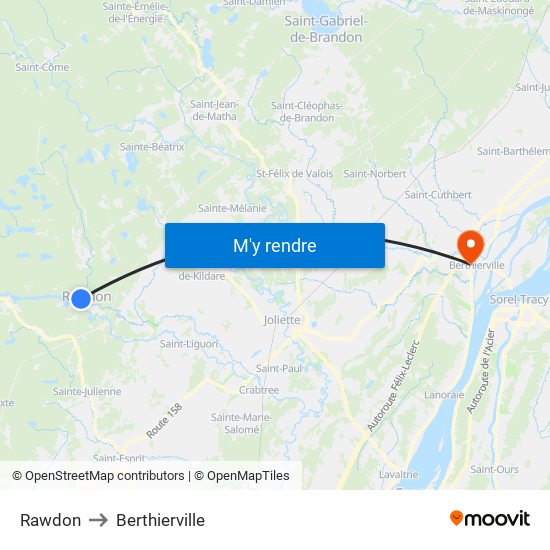 Rawdon to Berthierville map