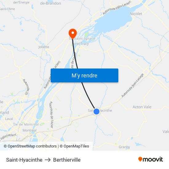Saint-Hyacinthe to Berthierville map