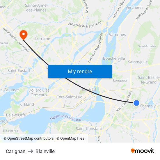 Carignan to Blainville map