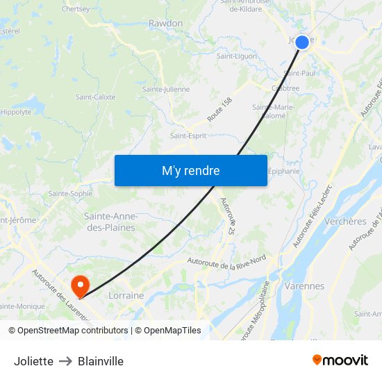 Joliette to Blainville map