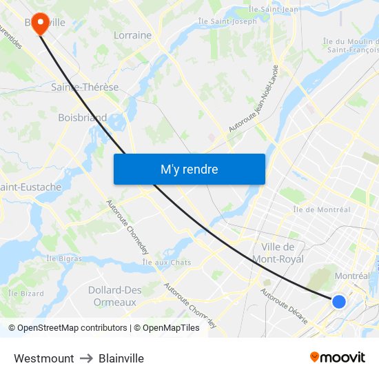 Westmount to Blainville map