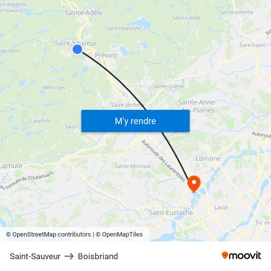 Saint-Sauveur to Boisbriand map