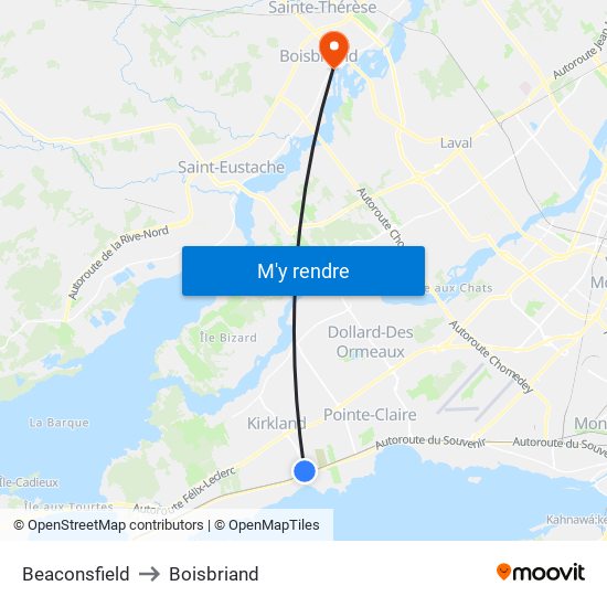 Beaconsfield to Boisbriand map