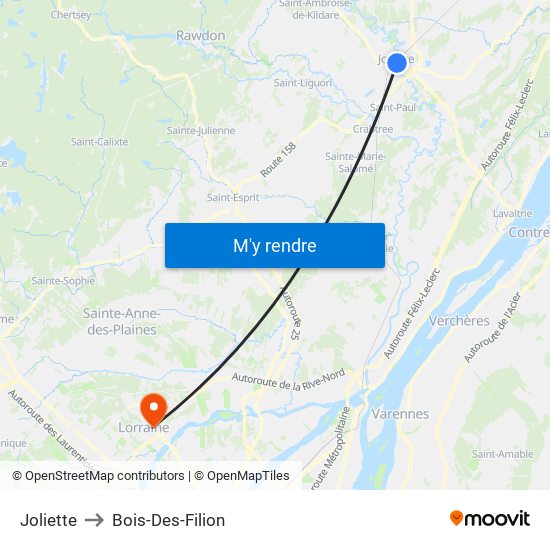 Joliette to Bois-Des-Filion map