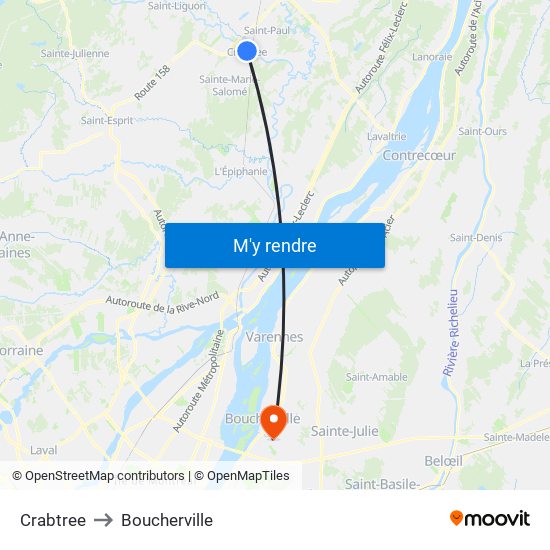 Crabtree to Boucherville map