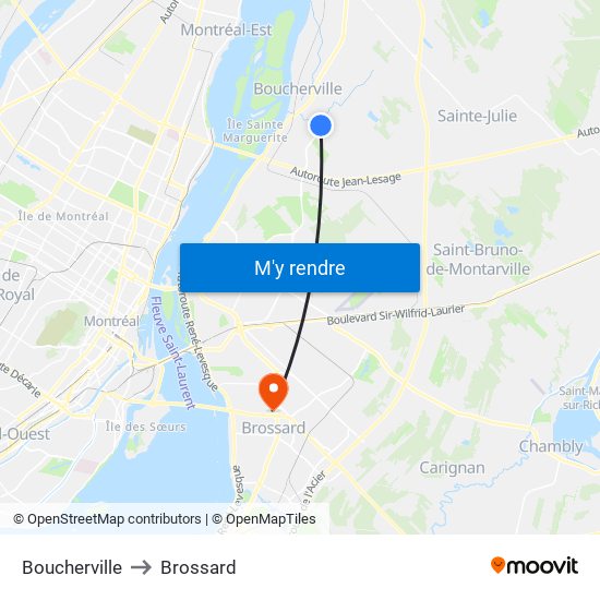 Boucherville to Brossard map