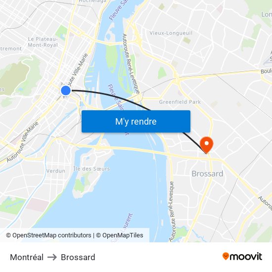 Montréal to Brossard map