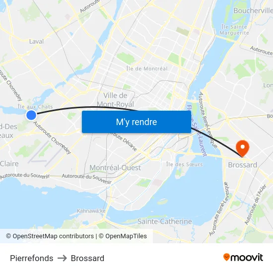 Pierrefonds to Brossard map