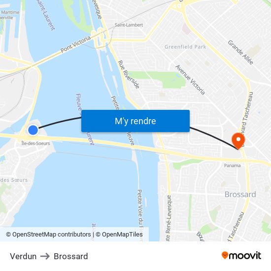 Verdun to Brossard map