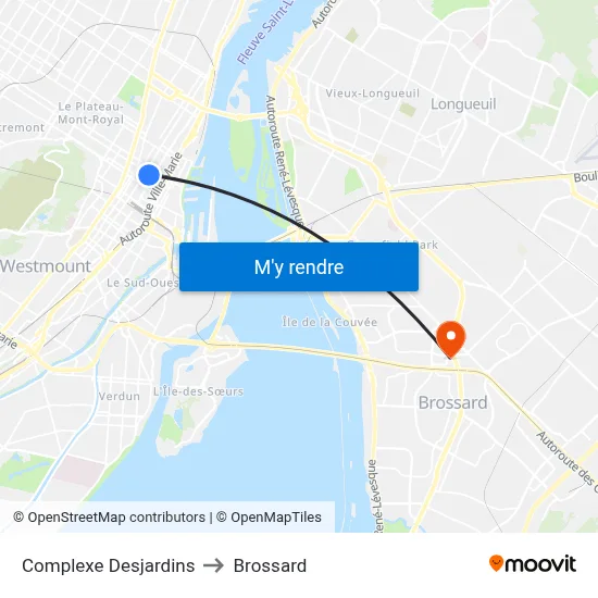 Complexe Desjardins to Brossard map