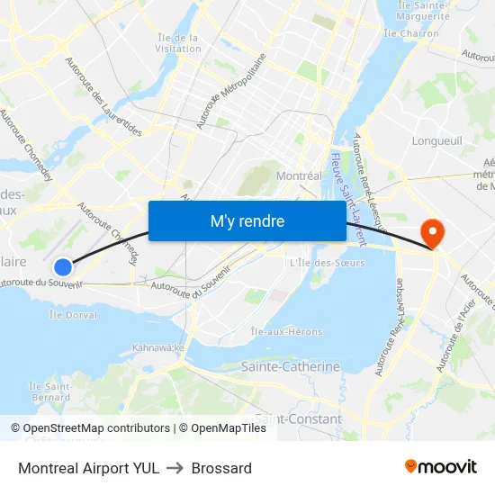 Montreal Airport YUL to Brossard map