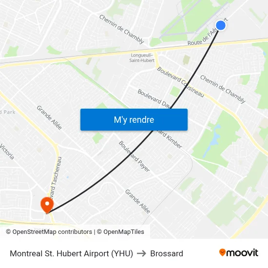 Montreal St. Hubert Airport (YHU) to Brossard map