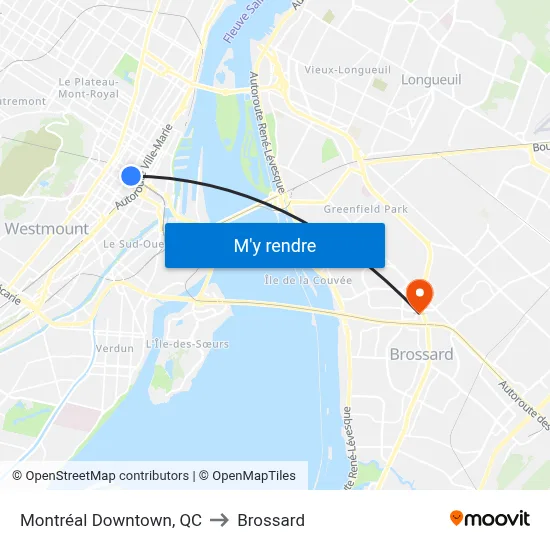 Montréal Downtown, QC to Brossard map