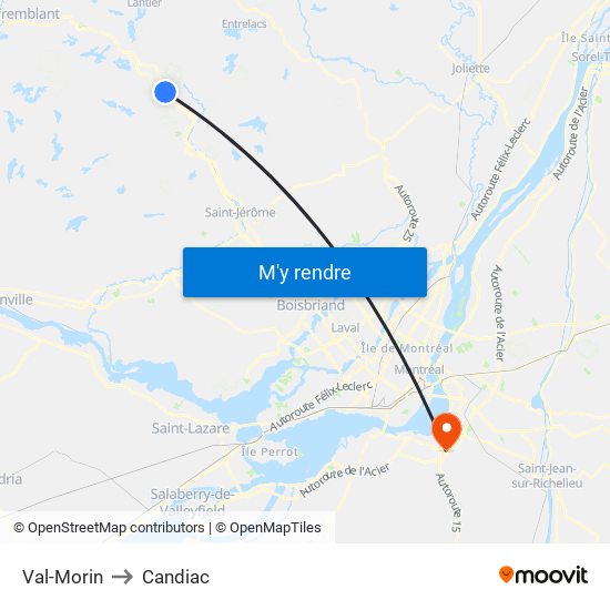 Val-Morin to Candiac map