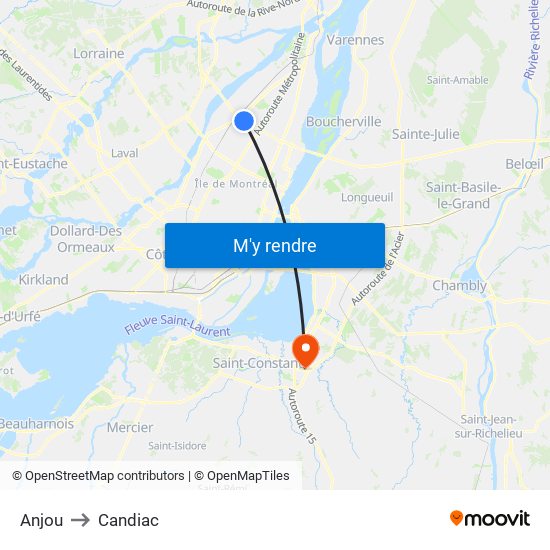 Anjou to Candiac map