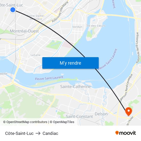 Côte-Saint-Luc to Candiac map