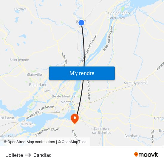 Joliette to Candiac map