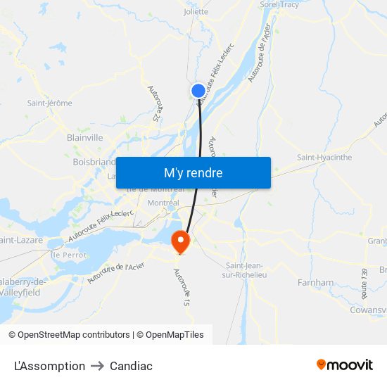 L'Assomption to Candiac map