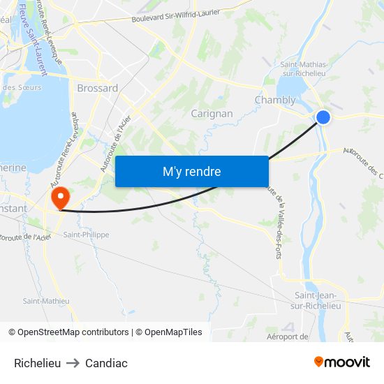 Richelieu to Candiac map
