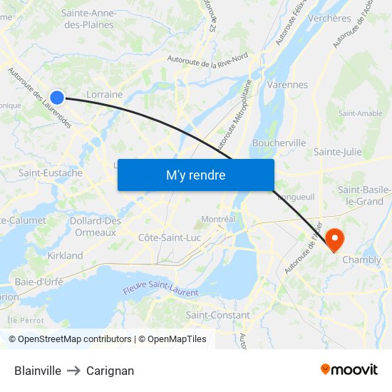 Blainville to Carignan map