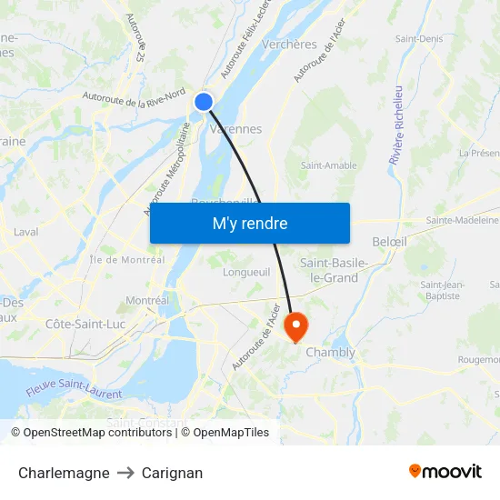 Charlemagne to Carignan map
