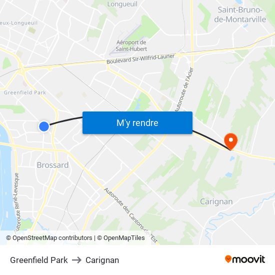 Greenfield Park to Carignan map