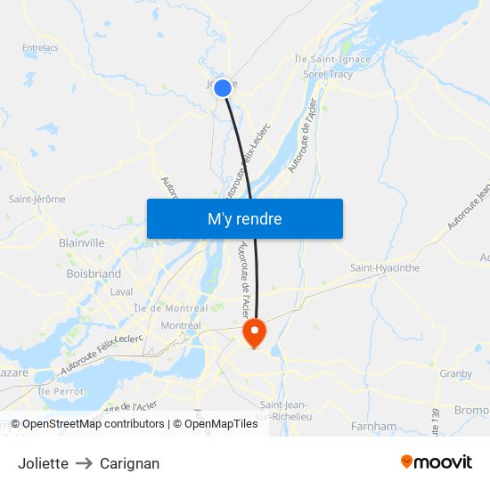 Joliette to Carignan map