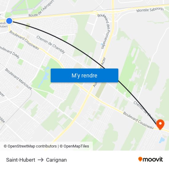 Saint-Hubert to Carignan map