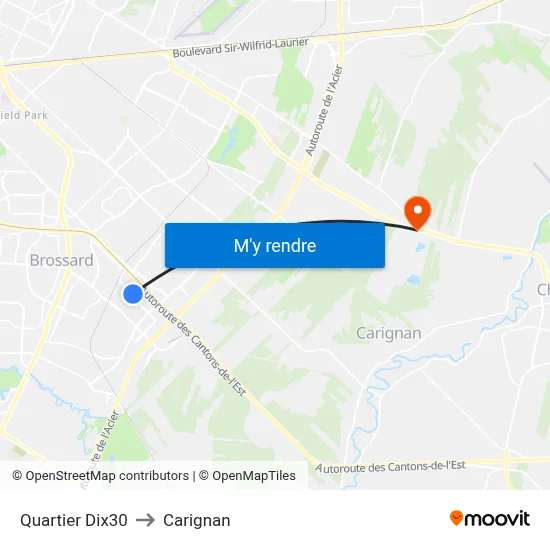Quartier Dix30 to Carignan map