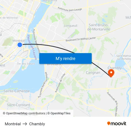 Montréal to Chambly map