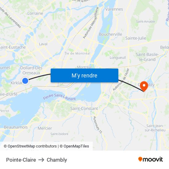 Pointe-Claire to Chambly map