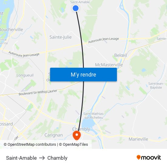 Saint-Amable to Chambly map
