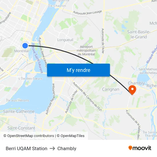 Berri UQAM Station to Chambly map