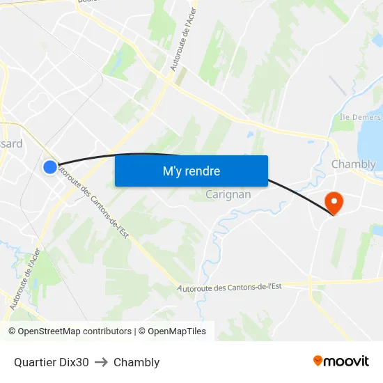 Quartier Dix30 to Chambly map